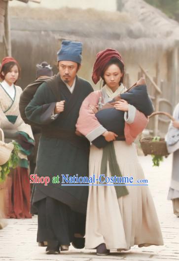 Chinese Female and Male Peasant Hanfu Dress Authentic Clothes Culture Costume Han Dresses Traditional National Dress Clothing and Headdress 2 Complete Sets