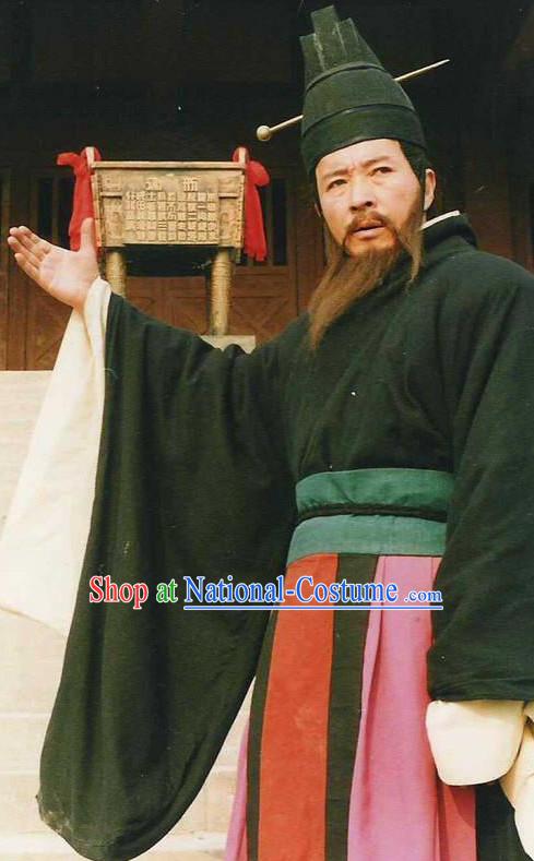 Ancient Chinese Style Minister Long Robe Dress Authentic Chancellor Clothes Culture Costume Han Dresses Traditional National Dress Clothing and Headwear Complete Set for Men