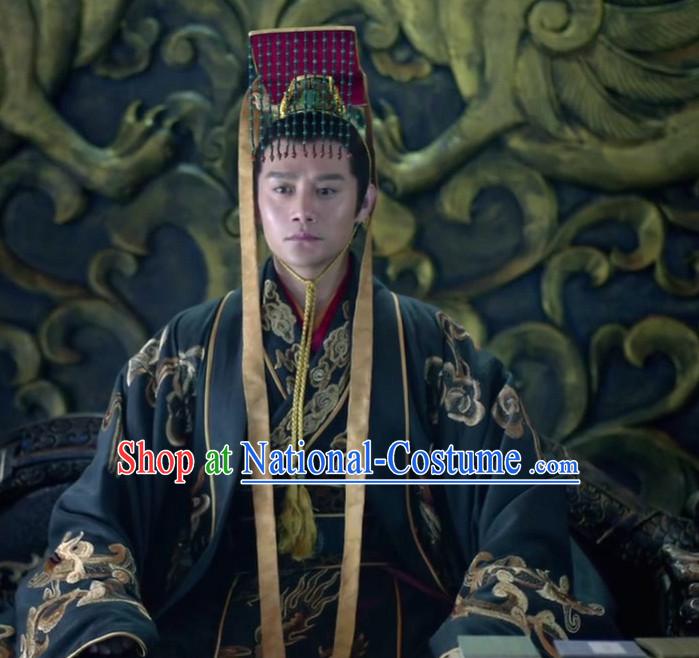 Ancient Chinese Style Emperor Costume Dress Authentic Clothes Culture Han Dresses Traditional National Dress Clothing and Headdress Complete Set