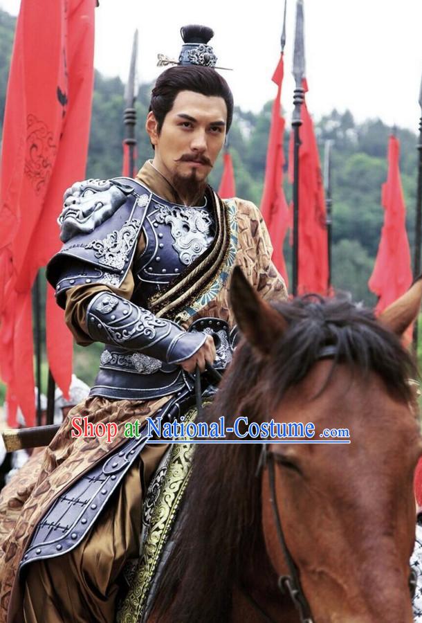 Ancient Chinese Style General Armor Costumes Dress Authentic Clothes Culture Han Dresses Traditional National Dress Clothing and Headdress Complete Set