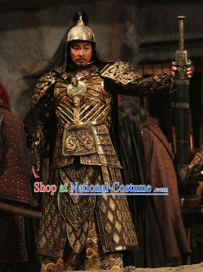 Ancient Chinese Style General Body Armor Costumes Dress Authentic Clothes Culture Traditional National Clothing and Headpieces Complete Set for Men