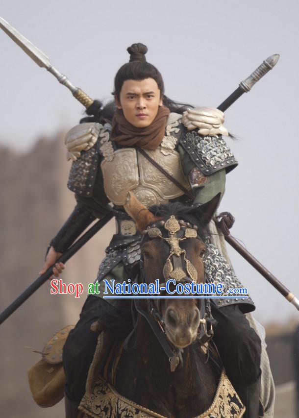 Ancient Chinese Style General Body Armor Costumes Dress Authentic Clothes Culture Traditional National Clothing and Headpieces Complete Set for Men