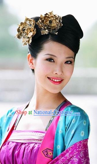 Ancient Chinese Style Palace Princess Black Long Wigs and Headdress Set