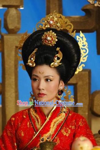 Ancient Chinese Style Palace Empress Black Long Wigs and Headwear Set