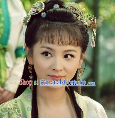 Ancient Chinese Style Lady Black Long Wigs and Headwear Set