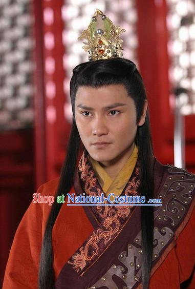 Traditional Chinese Style Prince Long Black Wig and Handmade Coronet for Men