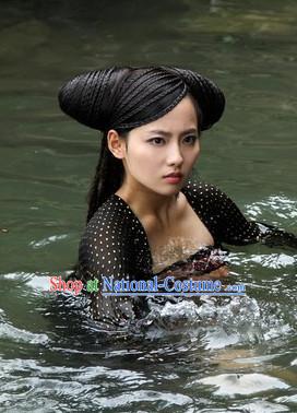 Traditional Ancient Chinese Style Fairy Long Black Full Wig Headpieces Set for Women