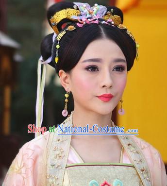 Traditional Ancient Chinese Style Imperial Palace Royal Princess Queen Empress Black Full Wigs and Headpieces Hair Jewelry Set for Women and Girls