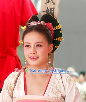 Traditional Ancient Chinese Style Imperial Palace Royal Princess Queen Empress Black Full Wigs and Headpieces Hair Jewelry Set for Women and Girls