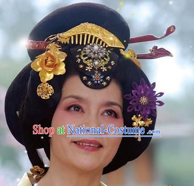 Traditional Ancient Chinese Style Imperial Palace Royal Princess Queen Empress Black Full Wigs and Headpieces Hair Jewelry Set for Women and Girls