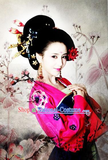 Traditional Ancient Chinese Style Imperial Palace Royal Princess Queen Empress Black Full Wigs and Headpieces Hair Jewelry Set for Women and Girls