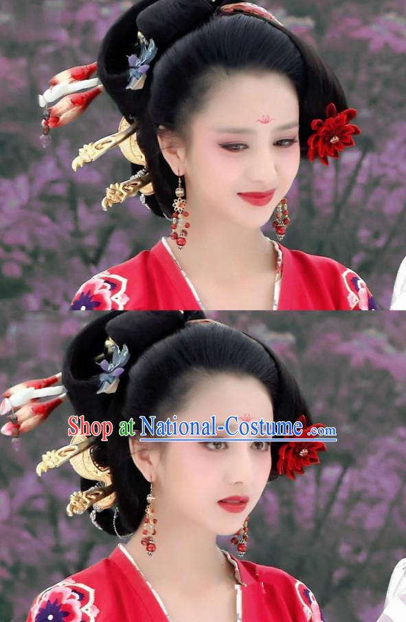 Traditional Ancient Chinese Style Imperial Palace Royal Princess Queen Empress Black Full Wigs and Headpieces Hair Jewelry Set for Women and Girls