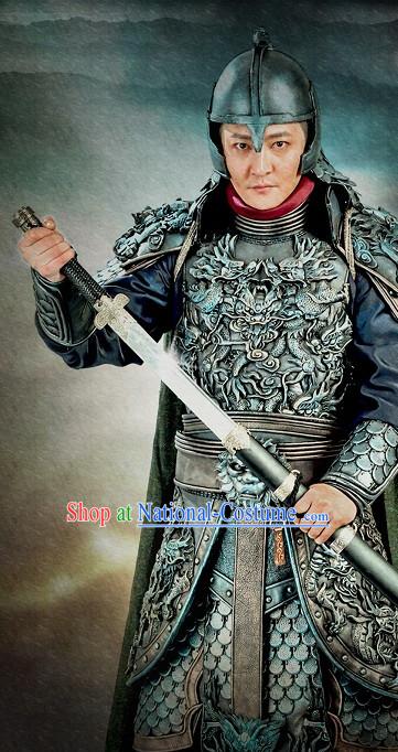 Ancient Chinese Style General Body Armor Costumes and Headwear Complete Set for Men Boys