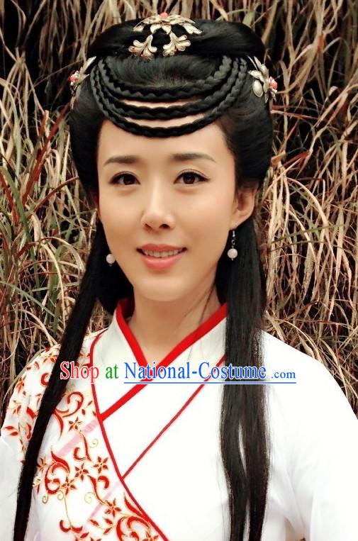 Ancient Chinese Traditional Style Queen Black Female Full Wigs and Hair Jewelry Set