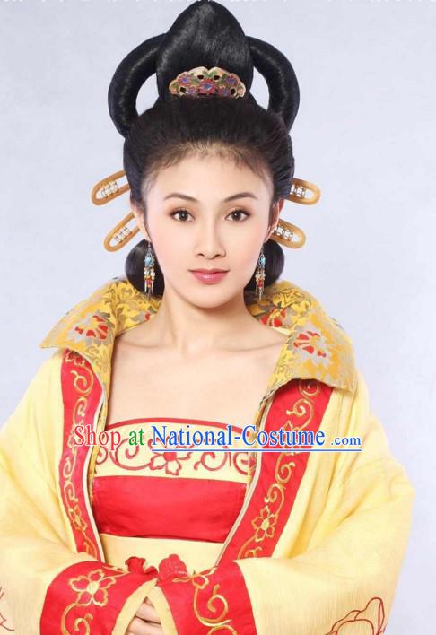 Ancient Chinese Traditional Style Queen Black Female Full Wigs and Hair Jewelry Set