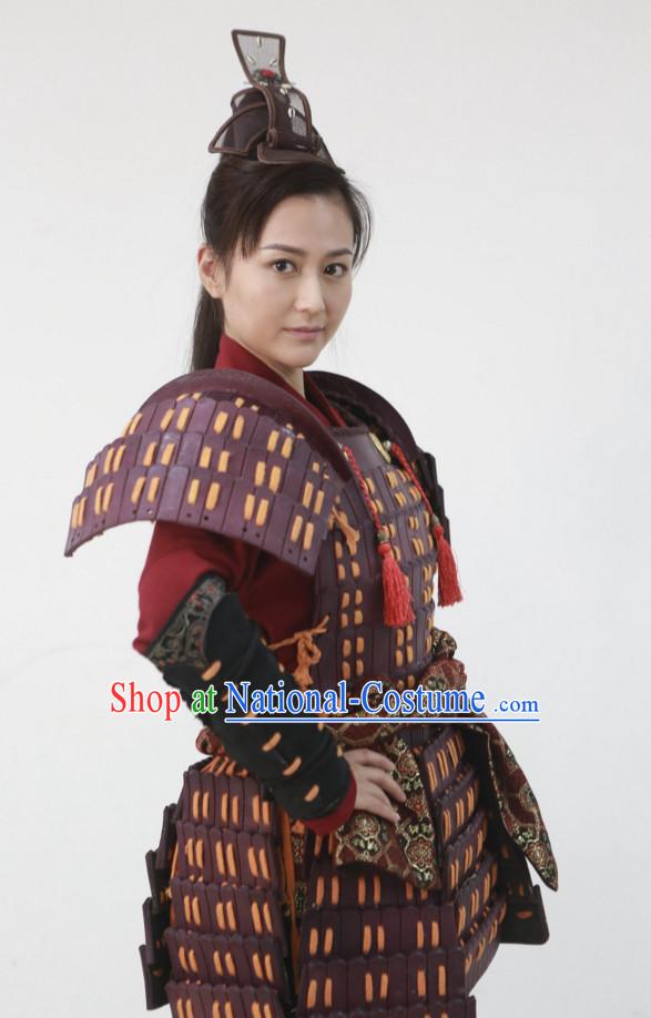 Traditional Chinese Ancient Female General Body Armor Costumes and Hairpieces Complete Set for Women