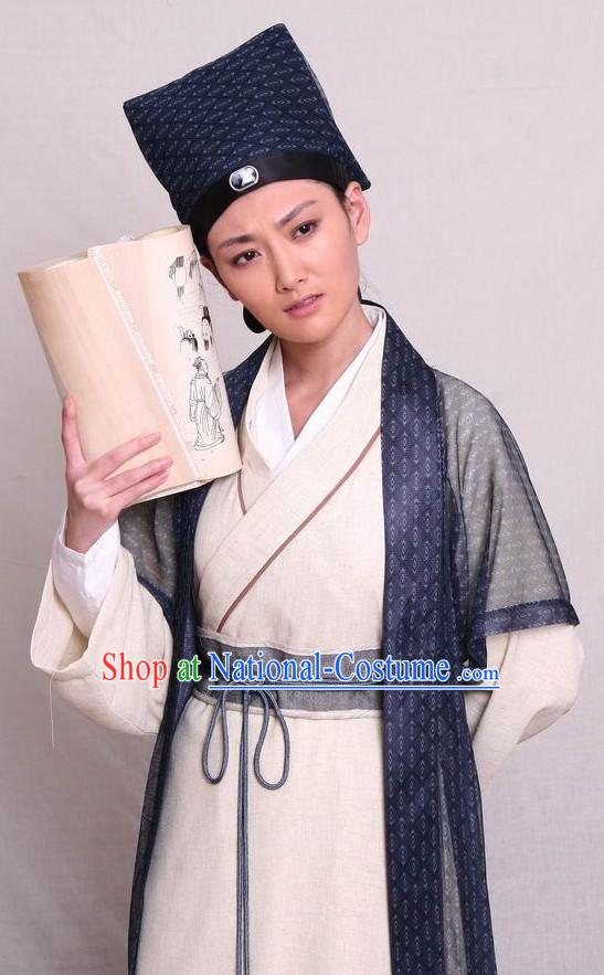 Traditional Chinese Ancient Student Scholar Costumes and Hat Complete Set