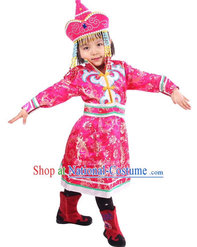 Chinese Traditional Mongolian Clothing and Hat Complete Set for Girls