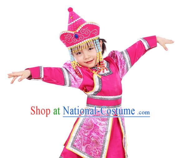 Chinese Traditional Ethnic Mongolian Clothes and Hat Complete Set for Girls