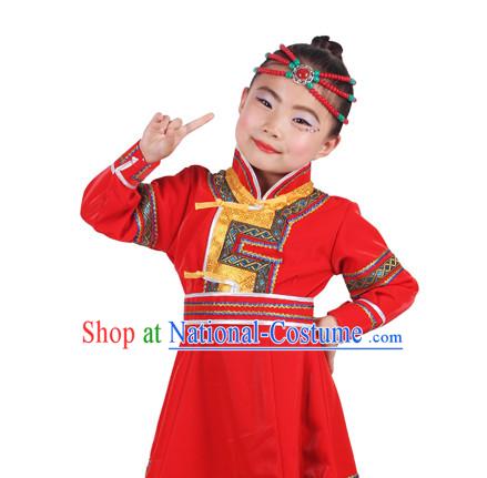 Chinese Traditional Ethnic Mongolian Clothes and Hair Accessories Complete Set for Girls