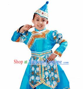 Chinese Traditional Ethnic Mongolian Suit and Hat Complete Set for Girls