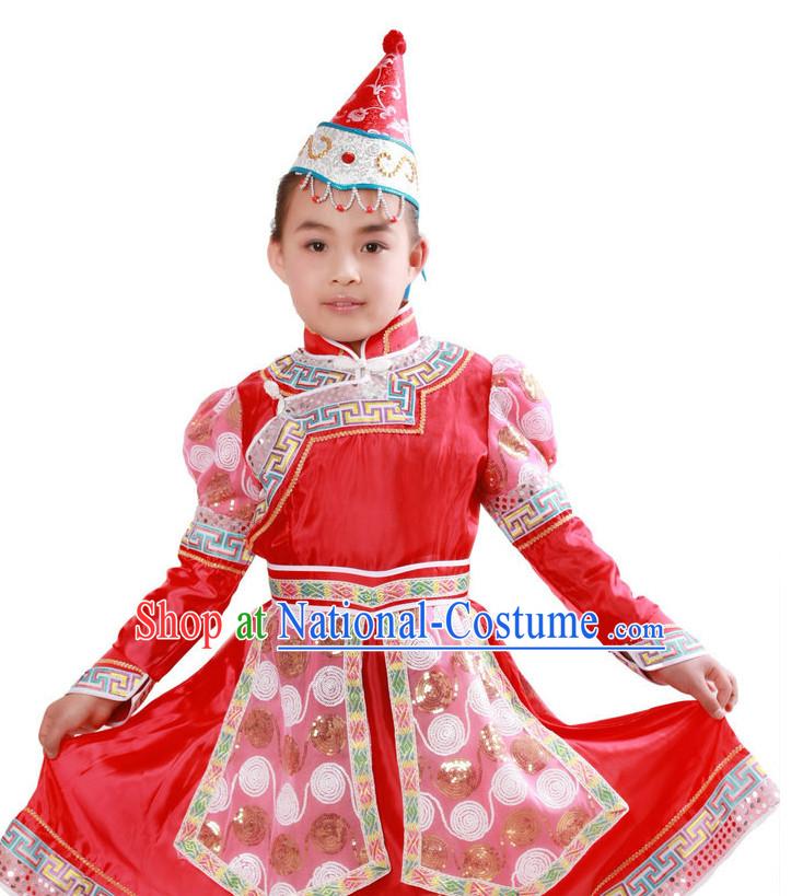 Chinese Traditional Ethnic Mongolian Suit and Hat Complete Set for Girls