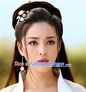 Chinese Traditional Black Female Long Wig and Hair Sticks Hair Ornaments Chopsticks Gold Hair Pins Hairsticks Oriental Asian Head Jewellery Hair Clips Hair pIeces Hair Style