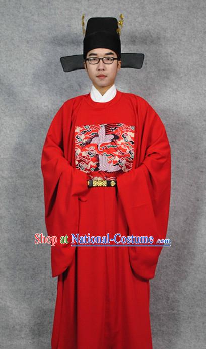 Red Chinese Official Costumes and Hat Complete Set for Men