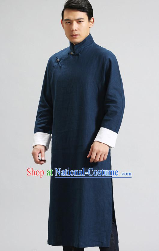 Deep Blue Long Minguo Style Male Mandarin Robe for Men or Boys