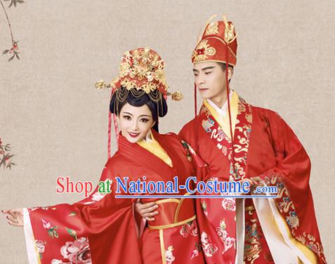 Ancient Chinese Bridal Wedding Garment and Headpieces Complete Set for Brides and Bridegrooms