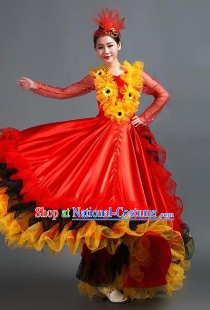 Chinese Ballroom Dance Costume and Headdress for Women Girls