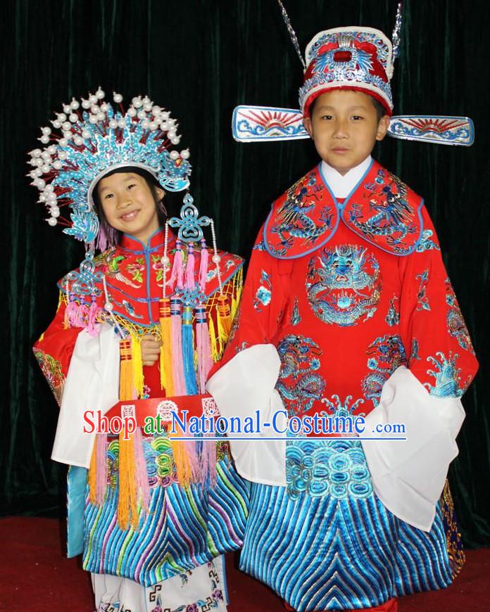 Chinese Opera Bridal Wedding Costumes and Hats 2 Complete Sets for Children Boys and Girls