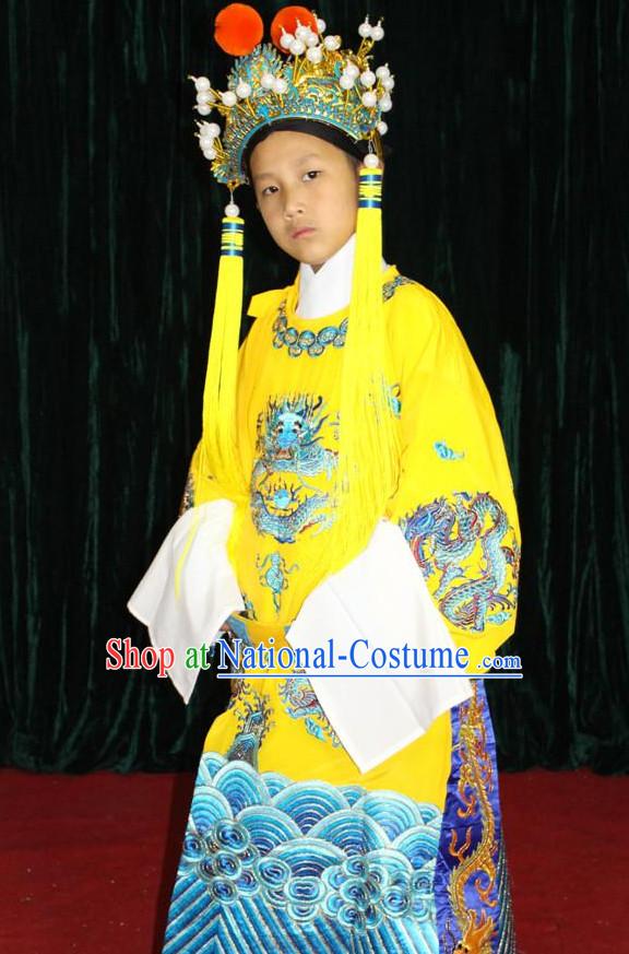 Chinese Opera Emperor Dragon Robe Costumes and Hat Complete Set for Children Boys