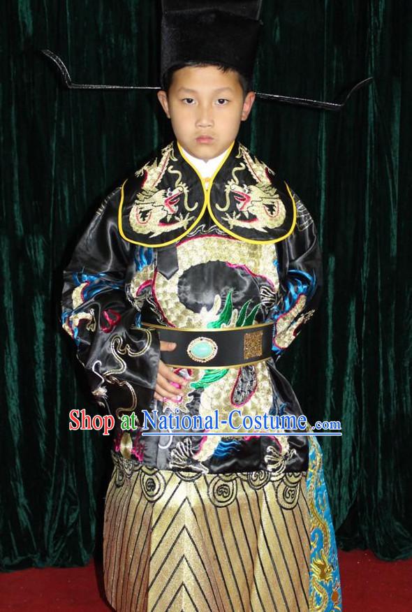 Chinese Opera Bao Gong Judge Official Dragon Embroidery Costume and Hat Complete Set for Children Boys