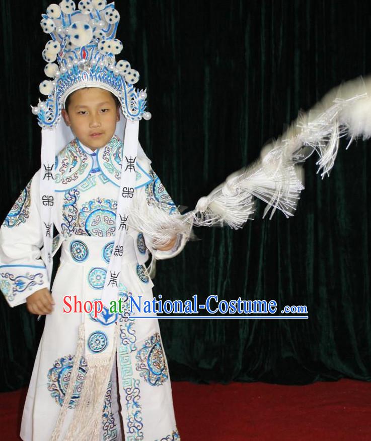 Chinese Opera Wusheng Embroidery Costume and Hat Complete Set for Children Boys