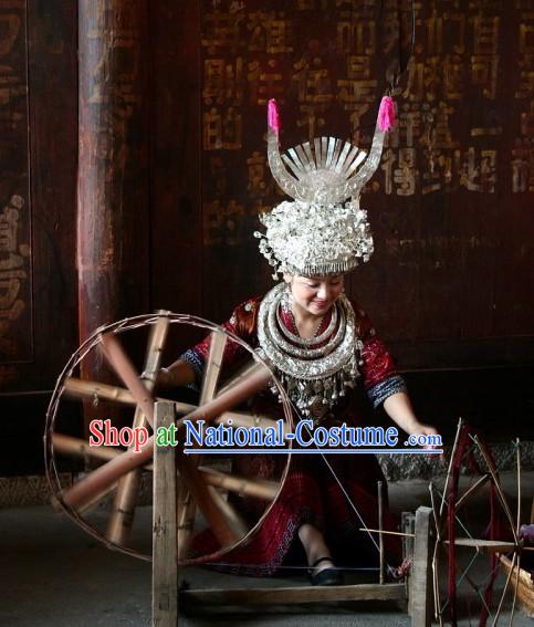 Chinese Traditional Miao Ethnic Clothing and Silver Hat Complete Set for Women or Girls