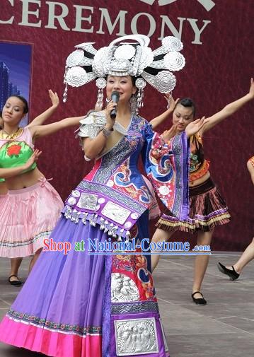 Top Chinese Traditional Miao Ethnic Garment and Hat Complete Set for Women or Girls