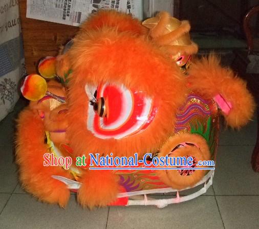 Top Orange Chinese Classic 100_ Natural Long Wool Fut San Style Lion Dance Costumes Complete Set