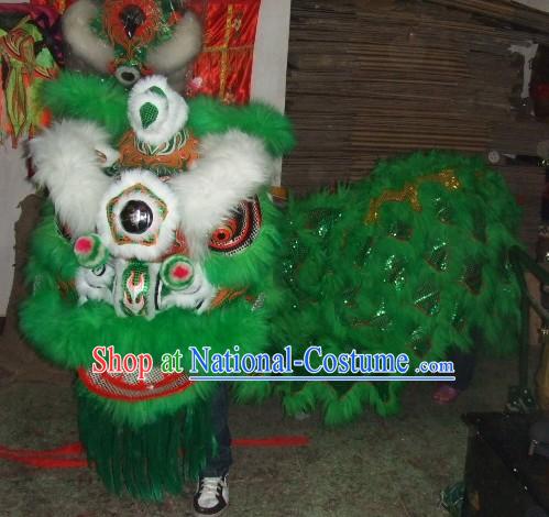 Top Green White Eyebrow Chinese Traditional 100_ Natural Long Futsan Style Lion Dance Costumes Complete Set