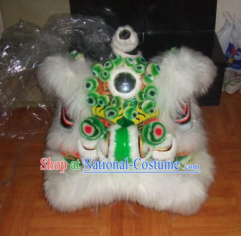 Top White More Balls 100_ Natural Long Wool Chinese Traditional Futsan Style Lion Dancing Uniforms Complete Set