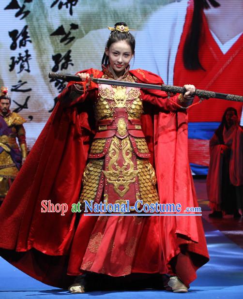 Ancient Chinese Princess Imperial Palace Fighting Armor Costumes Garments and Crown Complete Set for Women or Girls