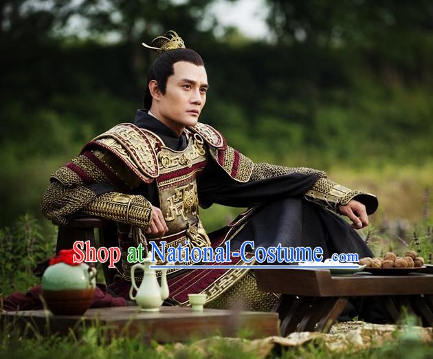 Chinese Ancient General Armor Costume and Hair Accessories Complete Set for Men