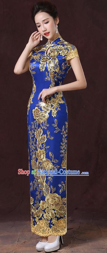 Bright Blue Traditional Handmade Shinning Sequined Cheongsam