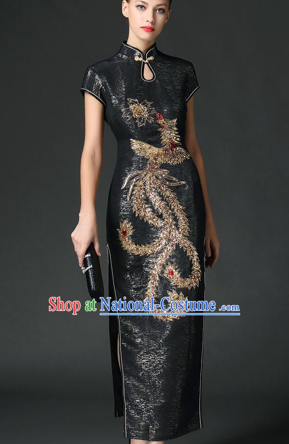 Traditional Handmade Shinning Sequined Phoenix Long Cheongsam