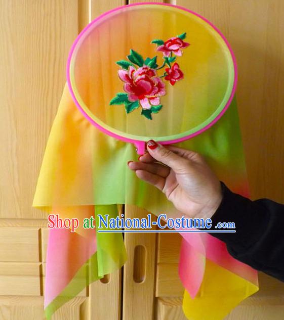 Ancient Chinese Style Embroidered Flower Long Ribbon Dance Fan Dancing Fans