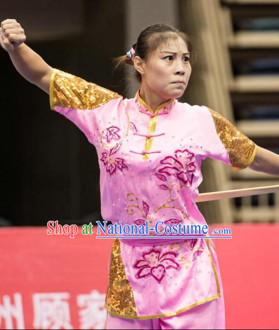 Top Pink Kung Fu Competition Championship Uniforms Pants Suit Taekwondo Apparel Karate Suits Attire Robe Championship Costume Chinese Kungfu Jacket Wear Dress Uniform Clothing Taijiquan Shaolin Chi Gong Taichi Suits for Men Women Kids