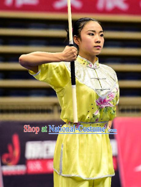 Top Yellow Kung Fu Competition Championship Uniforms Pants Suit Taekwondo Apparel Karate Suits Attire Robe Championship Costume Chinese Kungfu Jacket Wear Dress Uniform Clothing Taijiquan Shaolin Chi Gong Taichi Suits for Men Women Kids