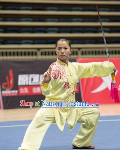 Top Yellow Kung Fu Competition Championship Uniforms Pants Suit Taekwondo Apparel Karate Suits Attire Robe Championship Costume Chinese Kungfu Jacket Wear Dress Uniform Clothing Taijiquan Shaolin Chi Gong Taichi Suits for Men Women Kids