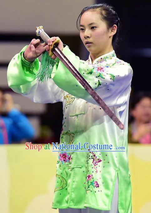 Top Green Kung Fu Competition Championship Uniforms Pants Suit Taekwondo Apparel Karate Suits Attire Robe Championship Costume Chinese Kungfu Jacket Wear Dress Uniform Clothing Taijiquan Shaolin Chi Gong Taichi Suits for Men Women Kids