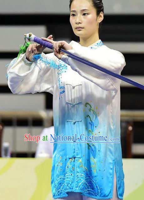 Top Blue White Kung Fu Competition Championship Uniforms Pants Suit Taekwondo Apparel Karate Suits Attire Robe Championship Costume Chinese Kungfu Jacket Wear Dress Uniform Clothing Taijiquan Shaolin Chi Gong Taichi Suits for Men Women Kids